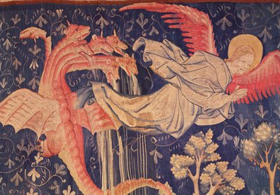 The Dragon pursuing the woman, detail of the dragon spitting water, from the Apocalypse Tapestry of Angers by Nicolas Bataille